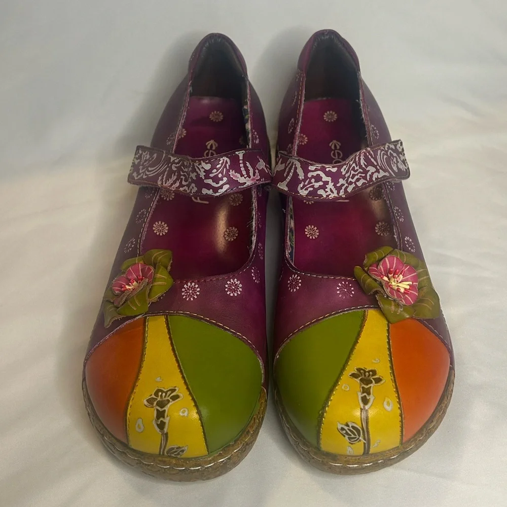 SOCOFY Leather Mary Jane Boho Platform Embossed Flower Ballet Shoes Women’s 10 - Picture 3 of 9